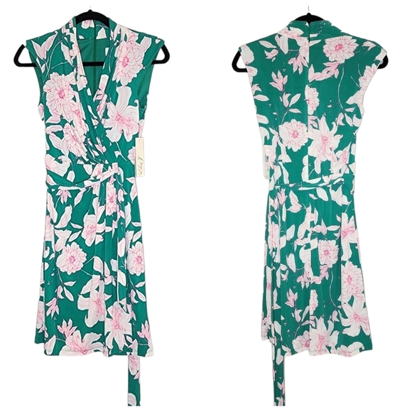 NWT Eliza J. Green/Pink floral stretch faux wrap dress.  Women's size 2. - Picture 12 of 16